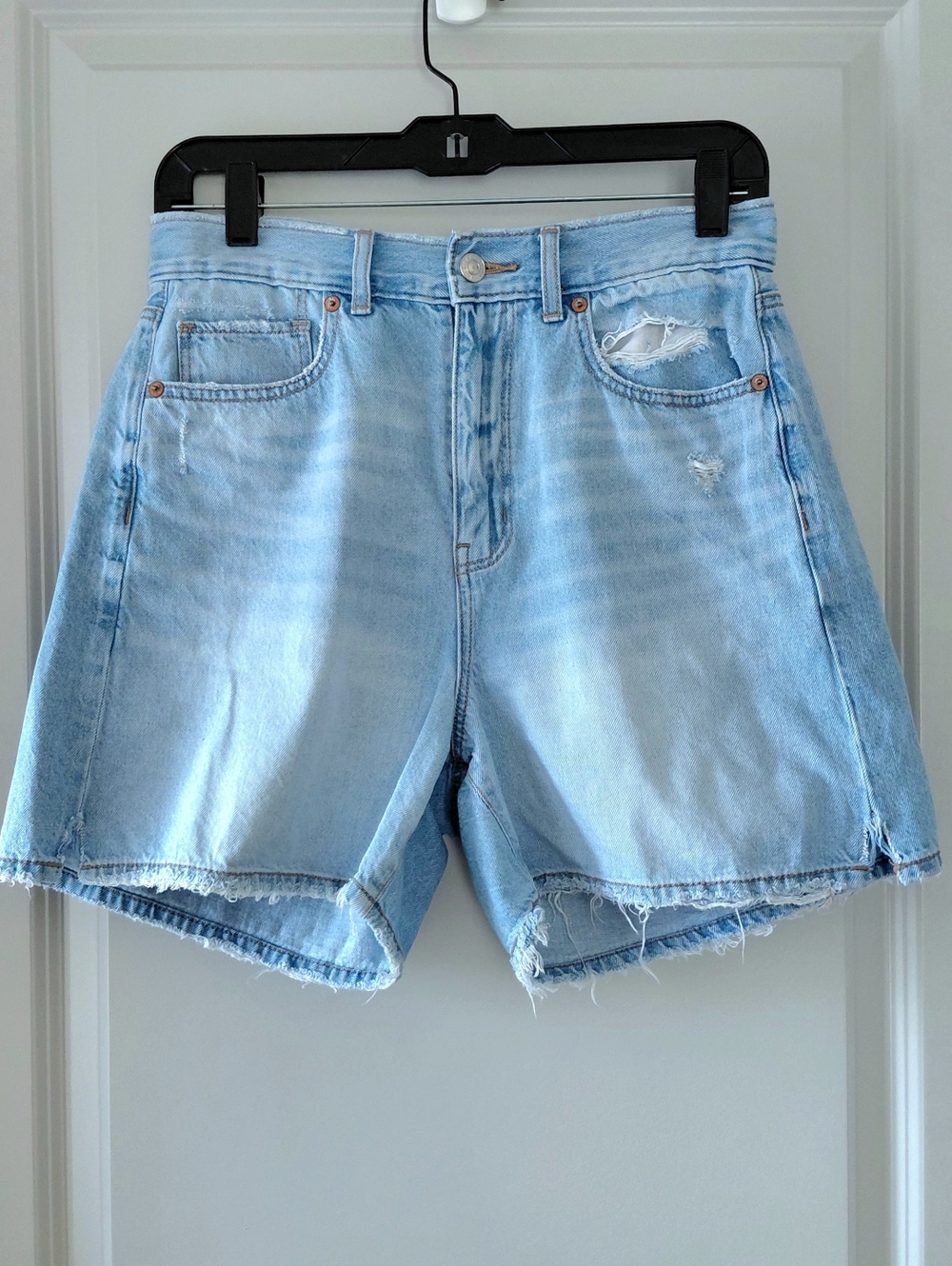 American Eaglw Light Blue Highest Rise Distressed Baggy Shorts